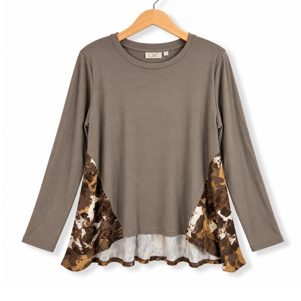 Logo Lori Goldstein Womens Medium Khaki Rayon 230 Top Printed Peplum A719945